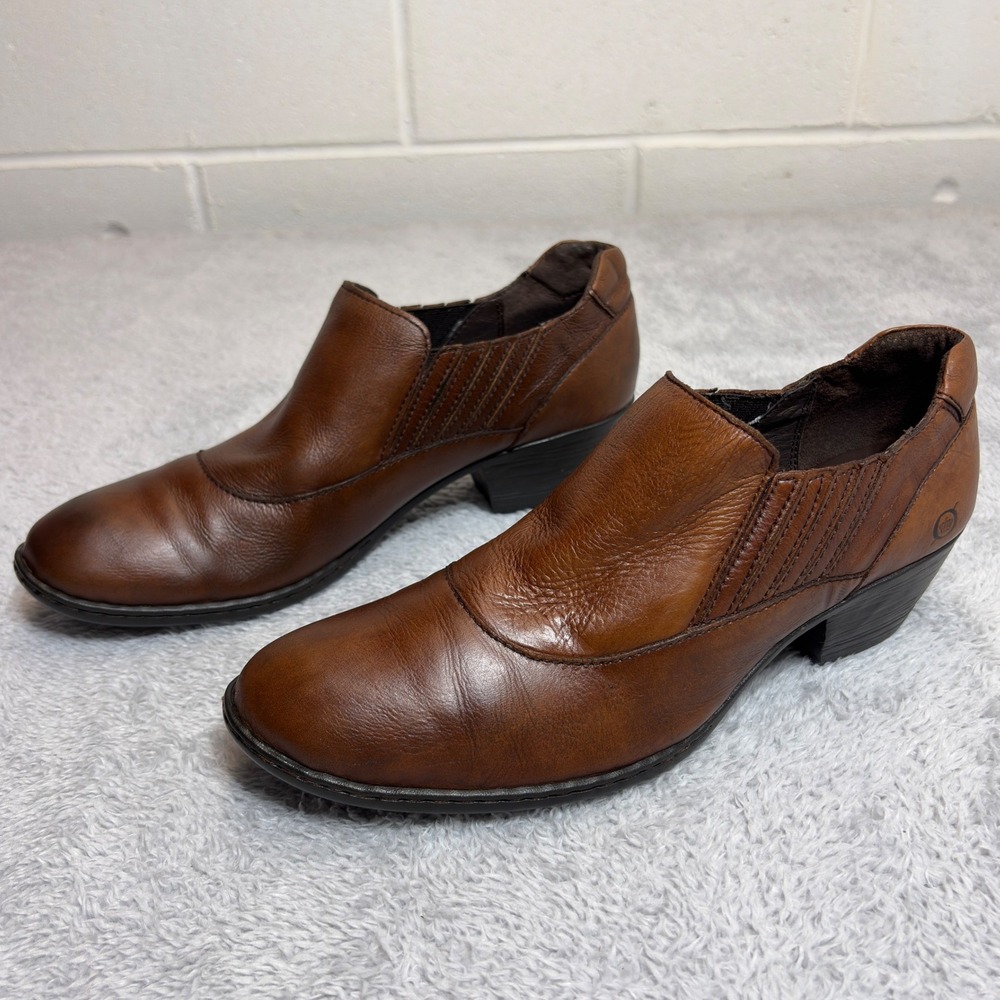 Born Leather Slip On Shootie Women 11 Brown Block Heel Comfort Loafer B62616